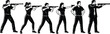 © OKAN - Retro line art side view sequence of men and women aiming rifles and pistols in shooting stances at practice range high black and white contrast bold