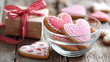 © Shelley - Romantic Valentine's Day Treats: Heart Cookies, Gift Box, and Ribbon on Rustic Wood Table.