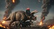 © MMerellinn - A large mother Triceratops is safeguarding her offspring from a devastating event. Meteors fall from the sky, and smoke plumes erupt around them on what appears to be primordial Earth