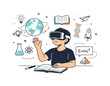 © Svitlana - VR Learning Exploration. People using VR learning. A student wearing a VR headset and exploring educational content. Curious mindset and calm