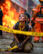 © halcon1 - Female firefighter in dirty uniform kneeling on ground with yellow caution tape, flames and smoke rising from a building in the background during emergency response