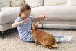 © New Africa - Girl with cute bunny on floor at home