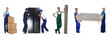 © New Africa - Mover service workers with different household items and boxes. Collage of men on white background