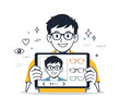 © Coosh448 - Virtual Glasses Try-On. AR eyewear virtual try-on. A user smiles while previewing different glasses frames on a tablet screen. Easy comparison, friendly