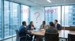 © Clark Still - Team discussing in the office with question mark on the window