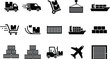 © V Stock - Logistics and shipping icon set with cargo transport warehouse delivery containers airplane and freight symbols vector