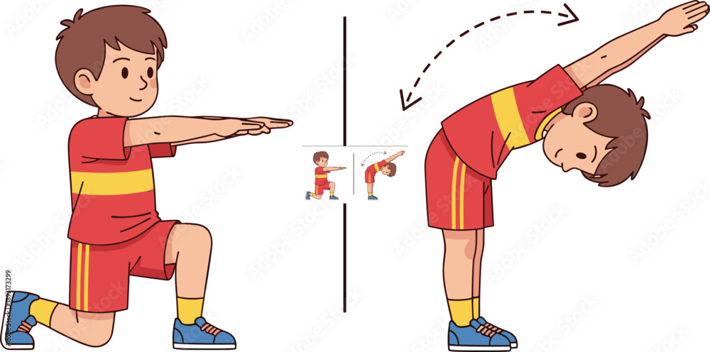 Cartoon boy demonstrating stretching exercises with step by step ...