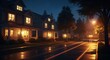 © Minsa - Cozy suburban street at night with illuminated houses, glowing windows, wet road reflecting lights, and trees.