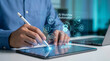© merabbi - Person interacting with an AI workflow automation diagram on a tablet, featuring an AI agent, data processing, and connection icons, representing smart process management.