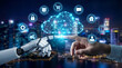 © merabbi - Robotic hand and human hand touching, depicting the convergence of AI and cloud computing, surrounded by a luminous network of digital service icons in a modern cityscape.