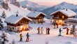 © Pavel - A magical tilt-shift photo of a miniature ski resort village at dawn. Tiny people with skis and snowboards create a cozy, dreamy winter scene with soft bokeh.