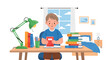 © Amie - Independent little boy organizing books and school supplies, modern flat vector encouraging good habits and learning discipline at home
