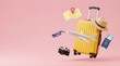 © ye - Yellow suitcase and travel accessories 3D illustration on pink background.