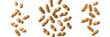 © Soor - Shelled peanuts falling from the sky, light brown texture, mid-air scattered motion, realistic look, isolated on a white background