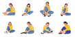 © Muqodimatul - Collection of illustrations showing a tired woman sitting down, taking off or putting on flat shoes, symbolizing foot pain, exhaustion, and relief.