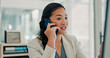 © SparkPix/peopleimages.com - Office, phone call and woman with computer, talking or risk assessment on web, discussion and online. Investment banker, reading and person with tech for financial advice, happy and communication