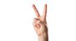 © Khalid Ghurafa - Hand showing the peace sign with two fingers up in the air, close up against a white background