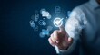 © CuteBee - A person interacts with a glowing futuristic interface of digital icons representing data tasks and successful completion high quality professional detailed modern
