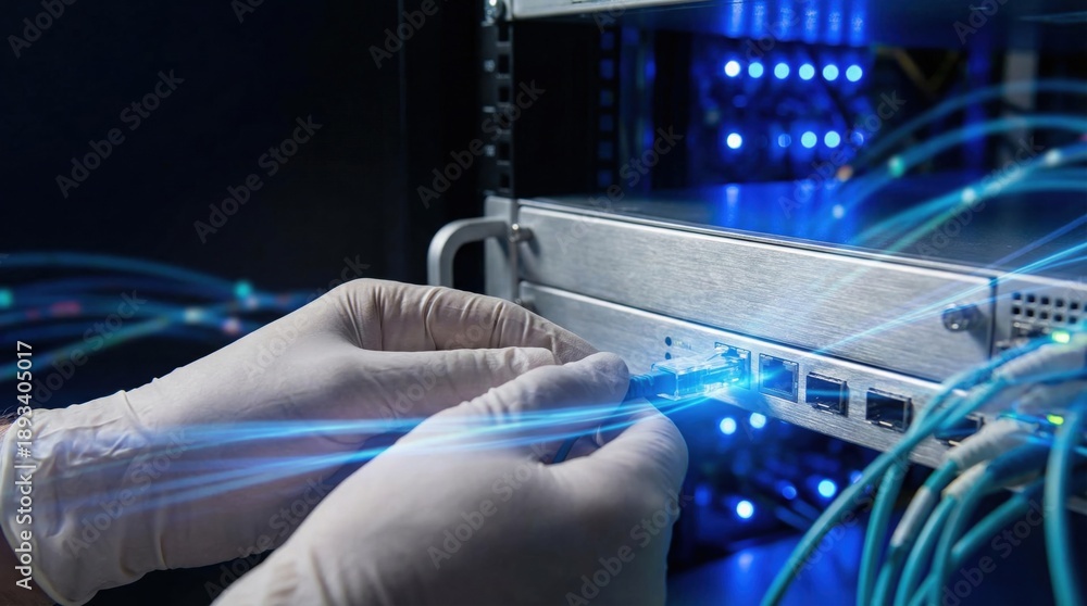 Network engineer optimizing data center infrastructure with fiber optic ...
