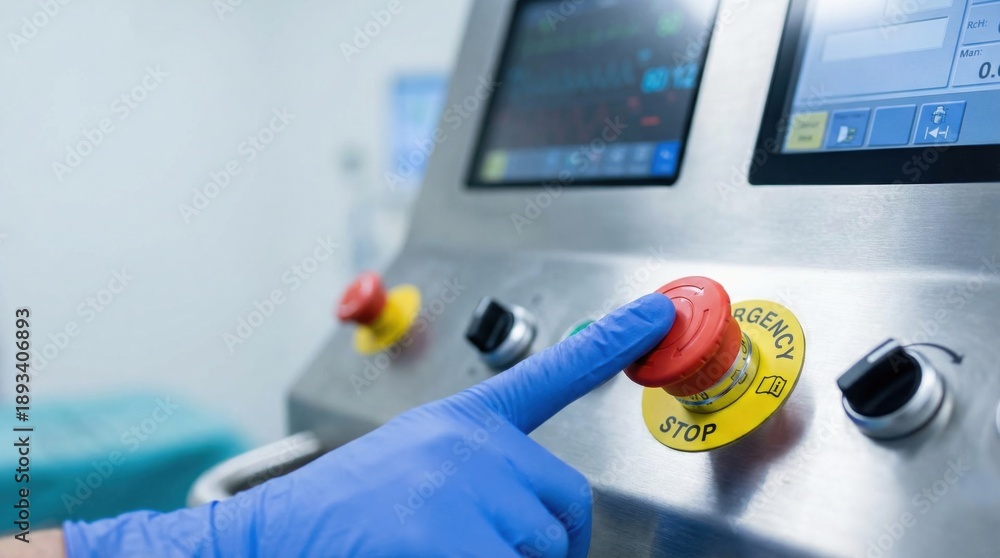 Operator Emergency Stop Operator hand initiates emergency stop protocol using control panel ...