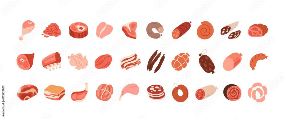 Vector icon set of steak, salami, chorizo, bbq frankfurters sausages, pepperoni. Fresh meat products. Culinary, raw pork, beef steaks, chicken, turkey, bacon, pork belly, ham, poultry, ribs.
