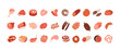 © tanyabosyk - Vector icon set of steak, salami, chorizo, bbq frankfurters sausages, pepperoni. Fresh meat products. Culinary, raw pork, beef steaks, chicken, turkey, bacon, pork belly, ham, poultry, ribs.