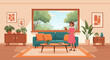 © PDWN Creative - Cozy Living Room Scene Vector Illustration with a Woman Reading a Book by the Window