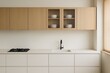 © diproduction - Minimalist kitchen interior with light wood cabinets, modern faucet, and clean white surfaces in a natural lighting concept design space. Ai generative