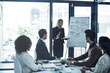 © peopleimages.com - Woman, presentation or coaching with team on whiteboard for mindmap strategy or business planning. Female person, speech or discussion with group for company overview, tasks or agenda in workplace