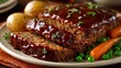 © MKS - A plate of meatloaf, mashed potatoes, carrots, and peas, all covered in gravy