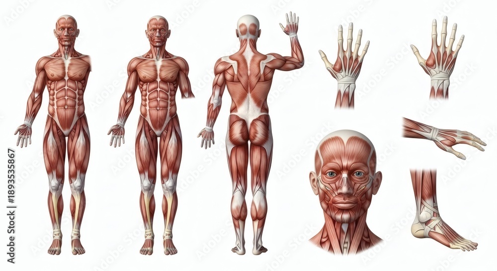 Anatomical illustrations depicting the human muscular system from ...
