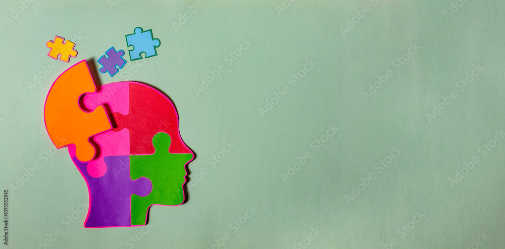 Panoramic Banner of Colorful Puzzle Head Silhouette for Mental Health ...