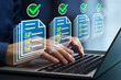 © tadamichi - Legal document review and approval process. Automated workflow management solution. Businessman using laptop computer for regulatory compliance checks.