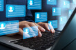 © tadamichi - Social media and networking. Strategic use of short-form messaging apps in business marketing. Businessman using laptop computer to post on microblog platform.