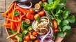 © Deff - topdown. Colorful Vietnamese food ingredients displayed from above with vibrant herbs and spices. menu design, packaging mockups, designed for food delivery and cloud-kitchen brand materials.