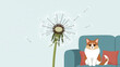 © Anak - Adorable dog sits on sofa next to a dandelion with seeds blowing away