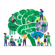 © Elmar - Mental health concept illustration with people caring for plants inside a giant brain. Vector scene of emotional growth, psychological wellness, and mindfulness in a flat modern style.