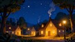 © tourinn - A serene night scene featuring cozy cottages with glowing windows a starry sky and soft streetlamp lighting.