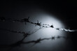© wolfhound911 - Minimal dark background with barbed wire emerging from shadows, selective lighting, dramatic contrast, symbolic concept of danger and limitation