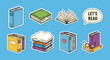 © Amie - Flat vector illustration set of book stickers with reading icons and typography, education theme, cute stationery design, learning inspiration and literary lifestyle concept