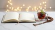 © khaiart - An open book lies on a marble surface with a cup of tea and a prayer beads beside it, surrounded by soft glowing lights.