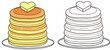 © AbuNazam - Heart-shaped butter stacks on adorable cartoon pancakes A pair of vector illustrations for a coloring book that includes a colorful version and a black and white outline