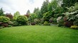© olga_demina - Generous green lawn area inviting relaxation and play, surrounded by lush, well maintained deciduous and evergreen trees, shrubs, and colorful flowering plants in a residential garden