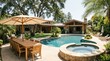 © olga_demina - Estate backyard with a large pool, hot tub, shaded dining area and loungers surrounded by lush landscaping and a modern house under a clear sunny sky, private luxury retreat