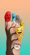 © PhotoArtHub - Illustration of a foot with toes painted as emoji representing different emotions, connected to a tree trunk and an elderly face, symbolizing connection