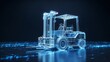 © Pixim Stock - Glowing neon blue forklift wireframe schematic on dark reflective floor with data streams and sparkles representing high tech automation and industrial mechanical design development