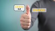 © Budi - Happy client showing positive thumb up for service satisfaction. Excellence 5 star rating feedback for business quality guarantee. Best product review result with trustworthy approval sign.
