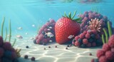 Underwater World with Strawberry and Colorful Coral Reef: A Unique Surreal Scene