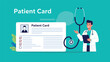 © Rumi - Medical professional standing next to a large digital patient card icon represents healthcare records and hospital management.