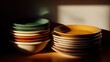 © GATE 22 - Stack of colorful bowls on a wooden surface. the bowls are stacked on top of each other, with the largest bowl on the left and the smallest on the right.
